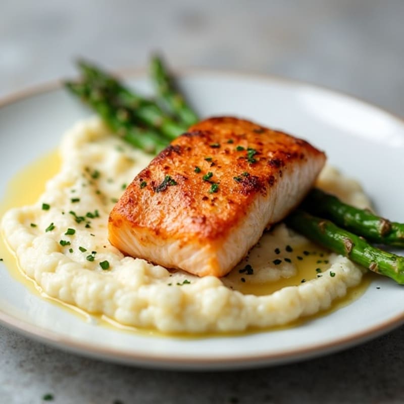 Seared Salmon with Steamed Asparagus and Cauliflower Mash