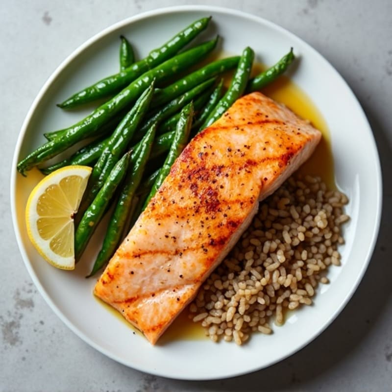 Seared Salmon with Steamed Green Beans and Brown Rice