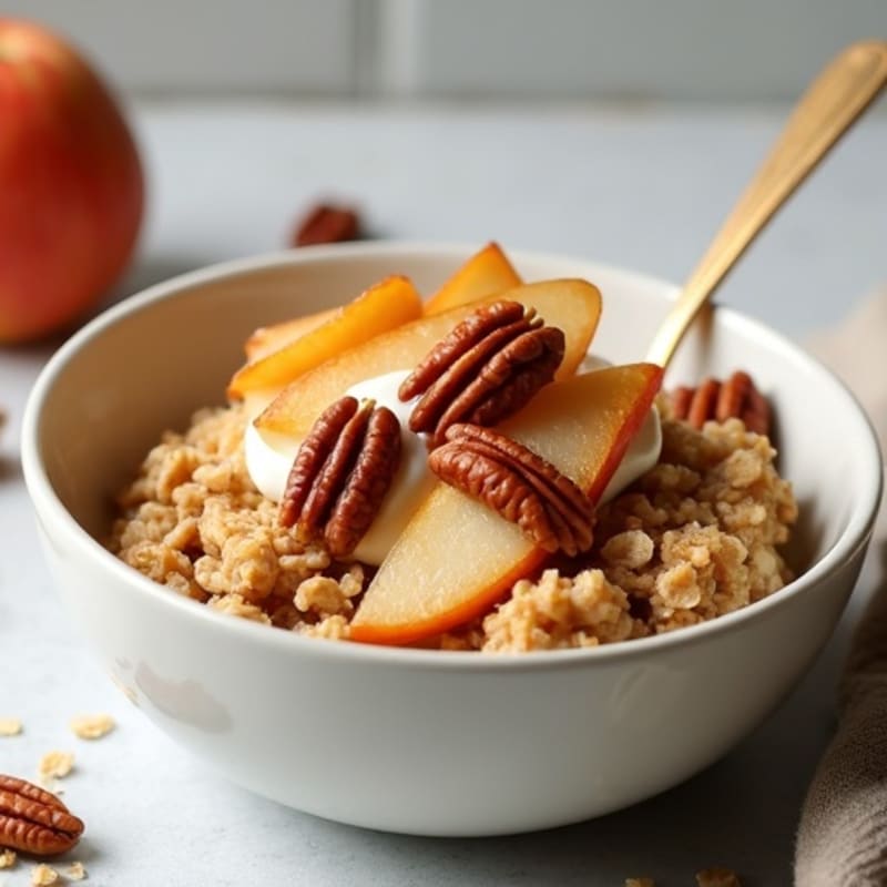 Baked Vanilla Bean Protein Oatmeal with Caramelized Pear and Toasted Pecans