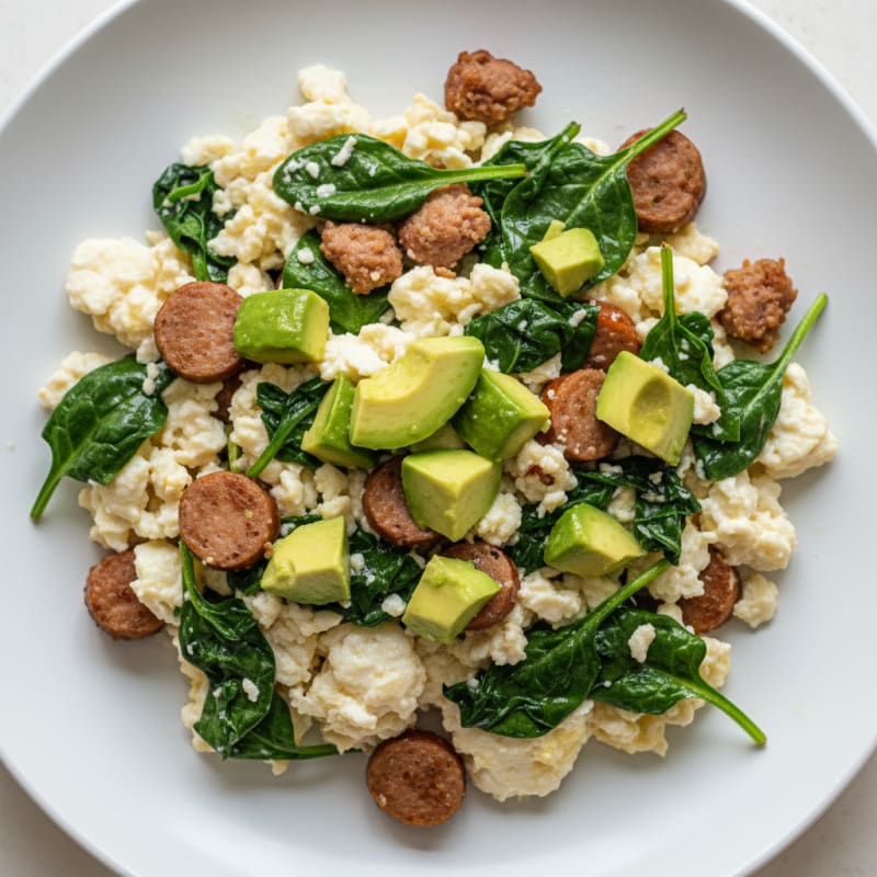 Egg White Scramble with Turkey Sausage and Sautéed Spinach
