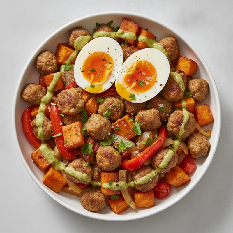Sausage and Jammy Egg Hash