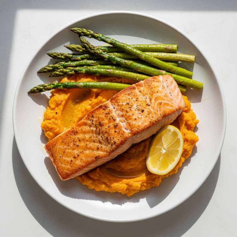 Seared Salmon Fillet with Roasted Asparagus and Sweet Potato Mash