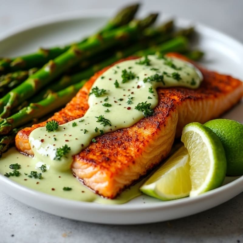 Blackened Salmon with Creamy Avocado-Lime Dressing and Crispy Roasted Asparagus