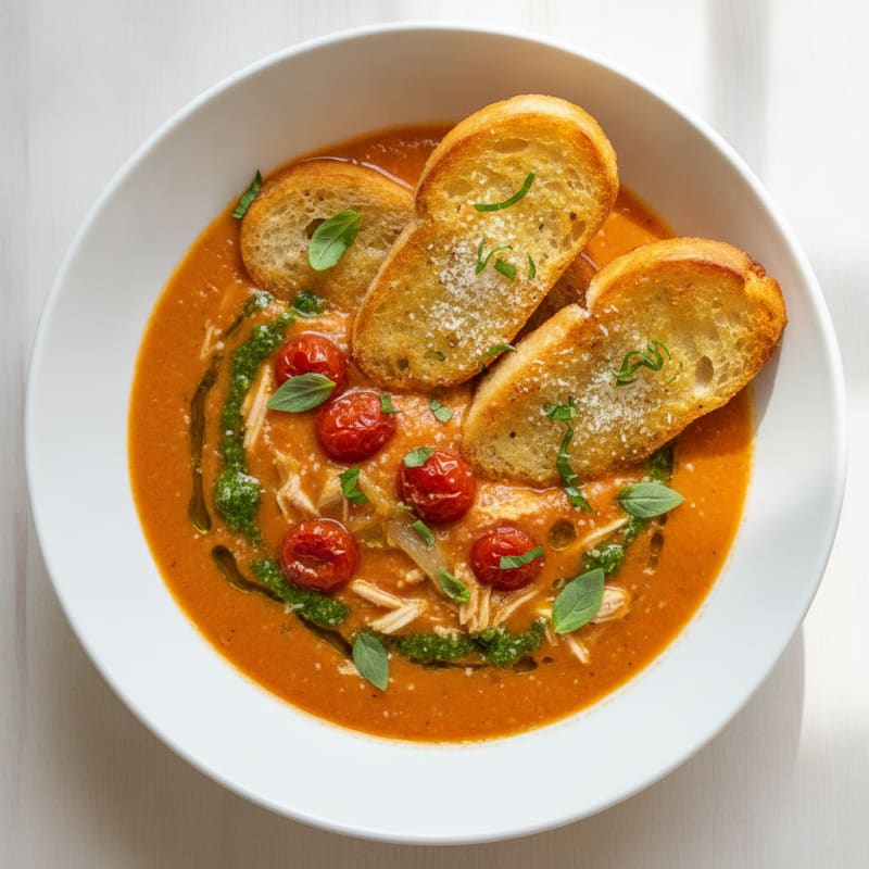 Roasted Tomato Basil Soup with Parmesan Crostini