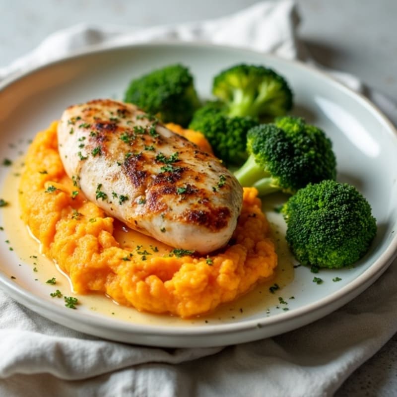 Herb-Roasted Chicken with Creamy Mashed Sweet Potatoes and Crispy Roasted Broccoli
