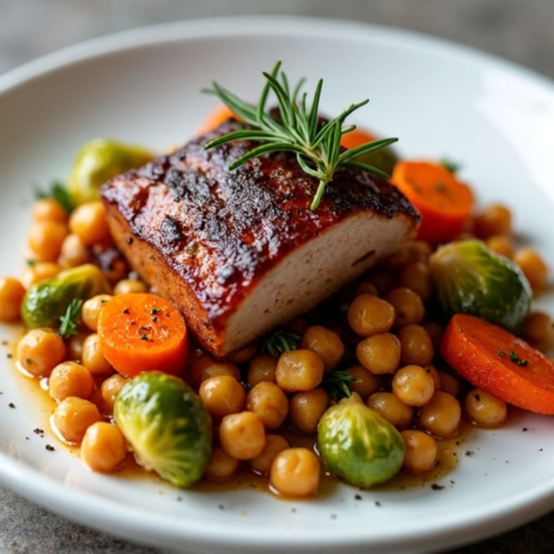 Tender Slow-Braised Pork Belly with Crispy Roasted Vegetables