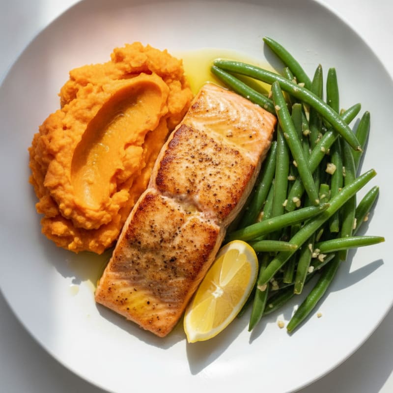 Seared Salmon with Garlic Green Beans and Mashed Sweet Potato