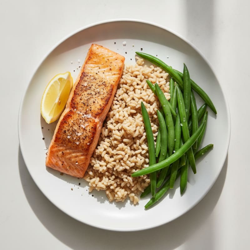 Seared Salmon Fillet with Steamed Green Beans and Brown Rice