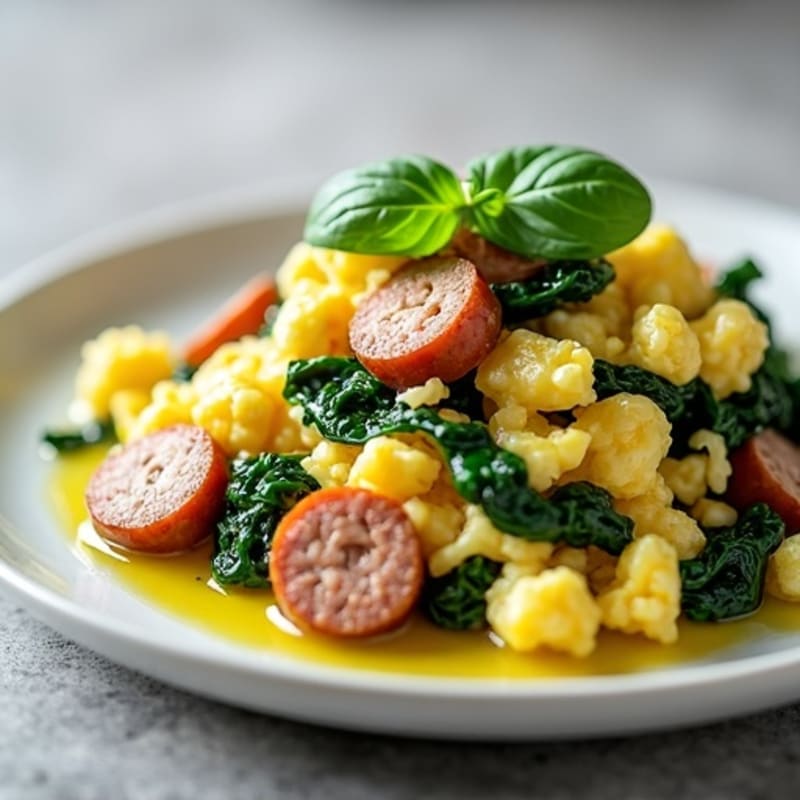 Egg White Scramble with Turkey Sausage and Sautéed Spinach