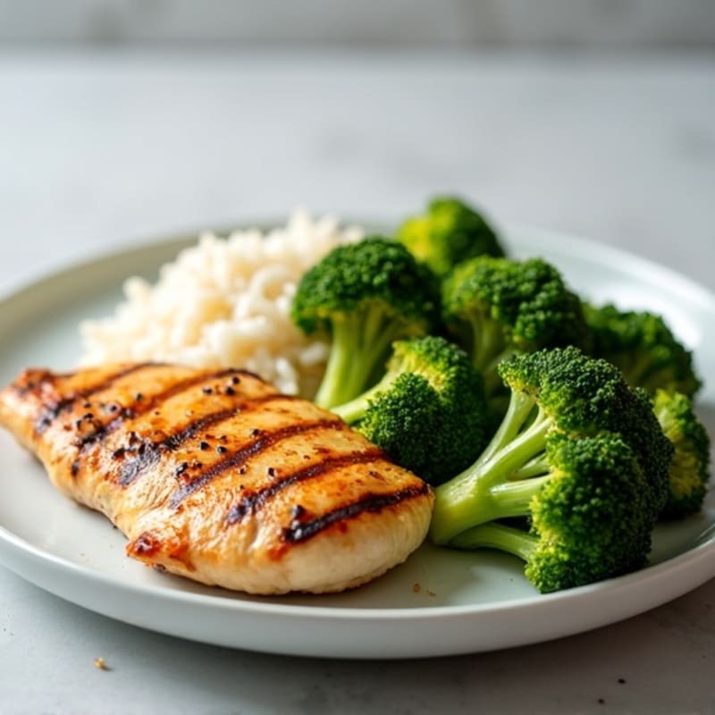 Grilled Chicken Breast with Steamed Rice and Roasted Broccoli