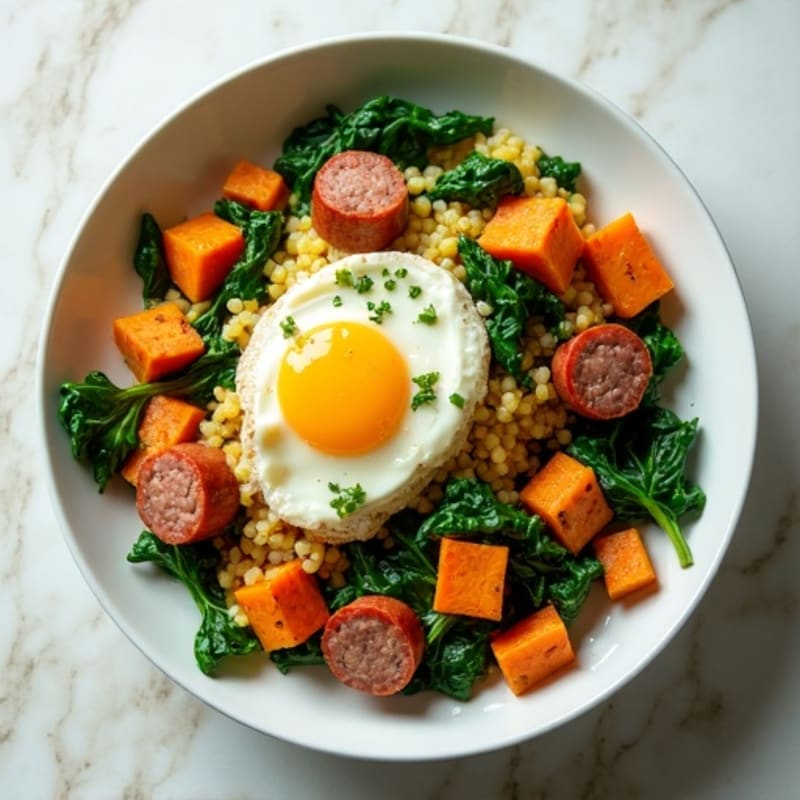 Egg White Spinach Scramble with Chicken Sausage and Roasted Sweet Potato