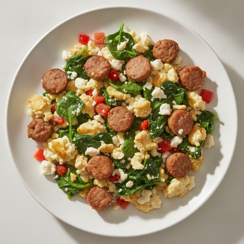 Egg White Scramble with Turkey Sausage and Sautéed Spinach