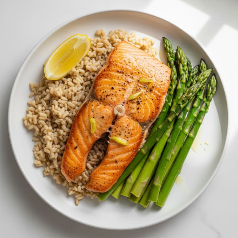 Seared Salmon with Steamed Asparagus and Brown Rice
