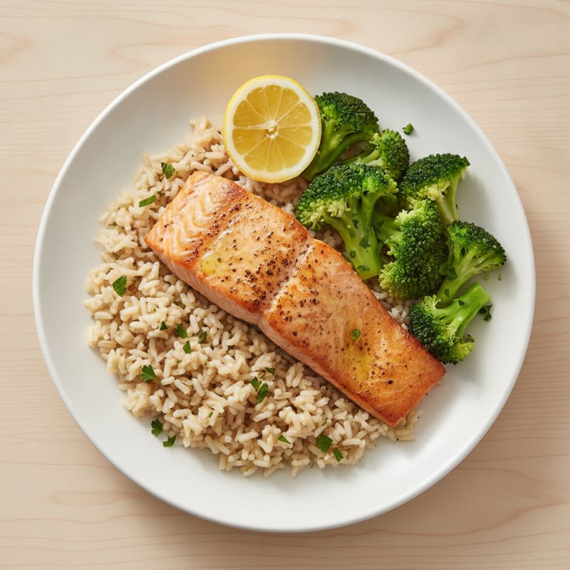 Seared Salmon with Steamed Broccoli and Herbed Brown Rice