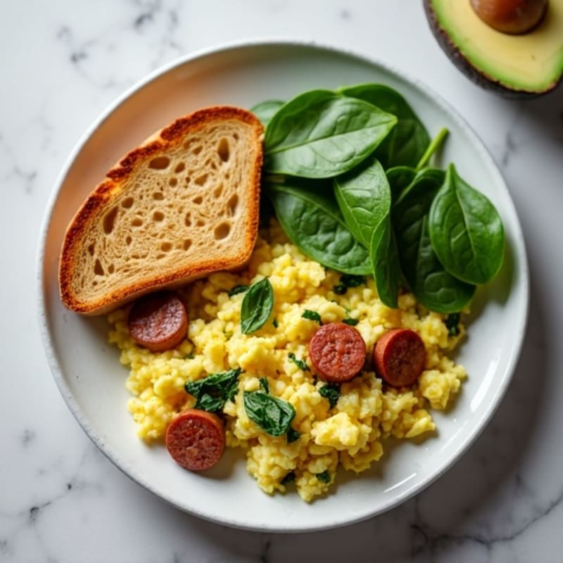 Egg White and Turkey Sausage Scramble with Spinach, Avocado Toast