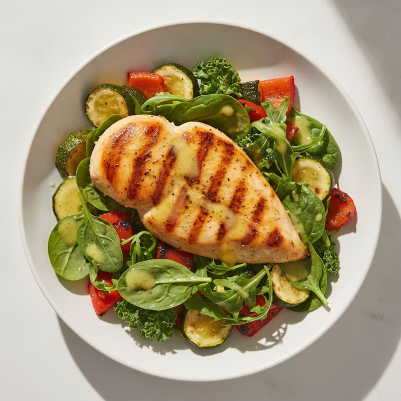 Grilled Chicken Breast with Roasted Vegetables and Mixed Greens