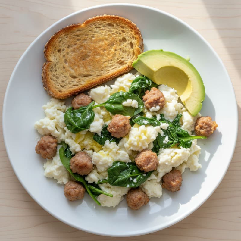 Egg White Scramble with Turkey Sausage and Spinach