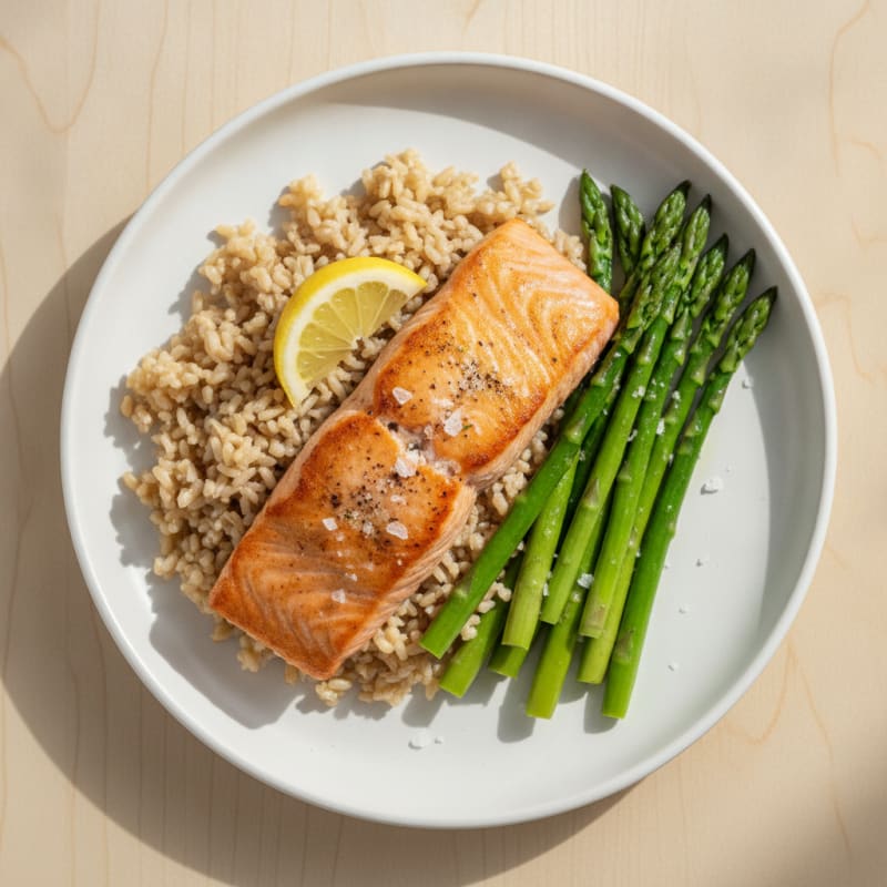 Seared Salmon Fillet with Steamed Asparagus and Brown Rice