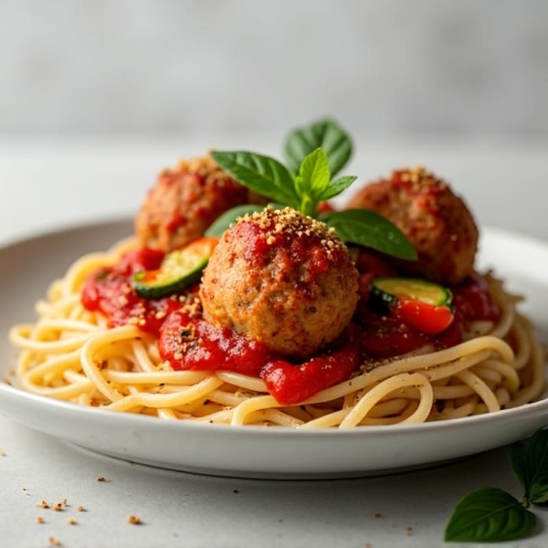 Lean Turkey Meatballs with Whole Wheat Spaghetti and Garden Vegetable Marinara
