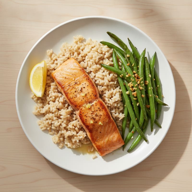 Seared Salmon with Garlic Green Beans and Brown Rice