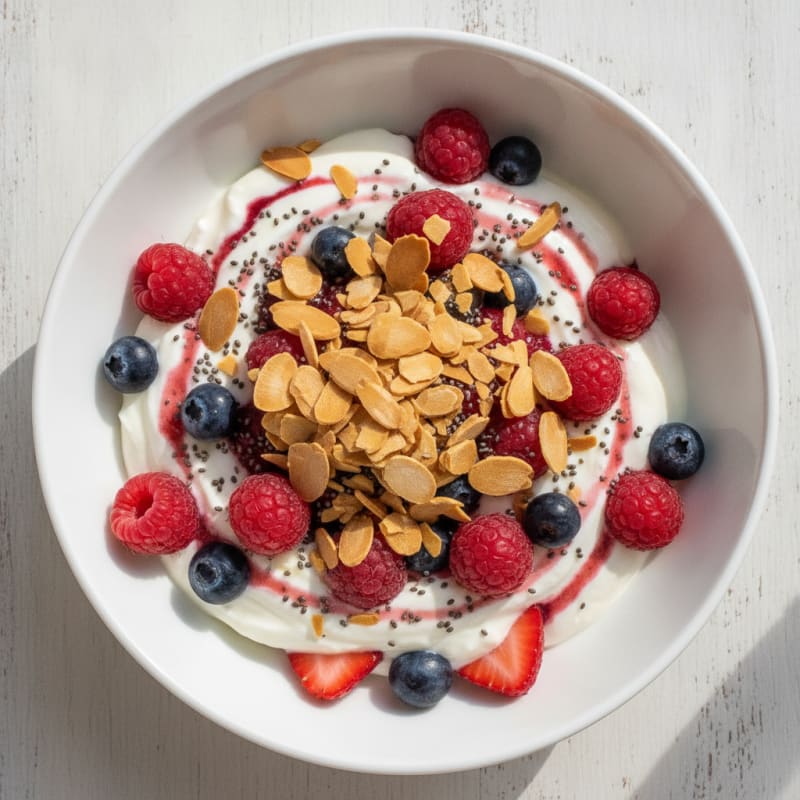 Greek Yogurt Protein Parfait with Mixed Berries and Almonds