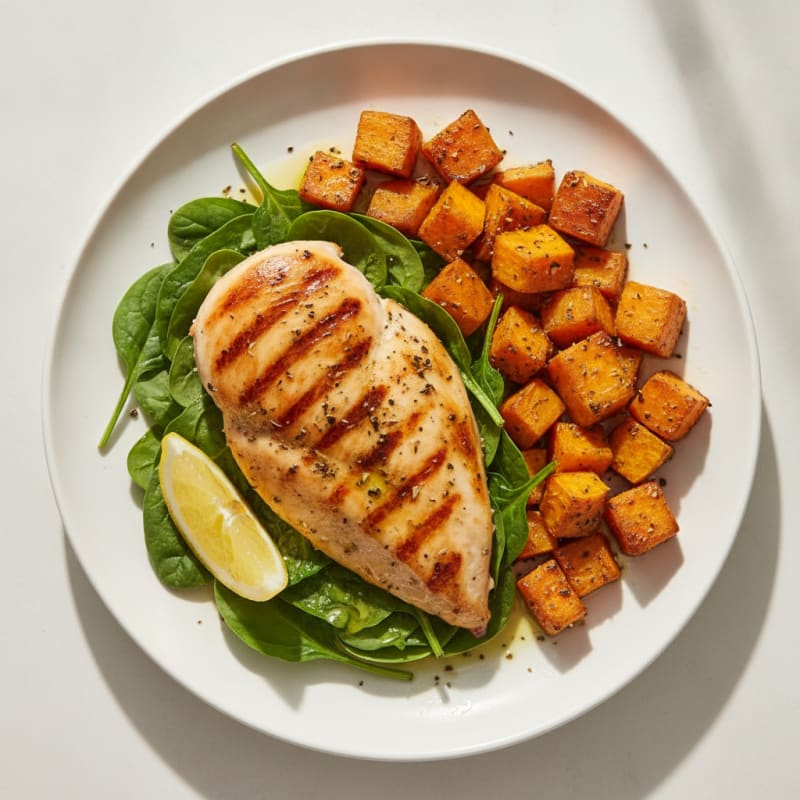 Herb-Grilled Chicken Breast with Roasted Sweet Potato and Spinach