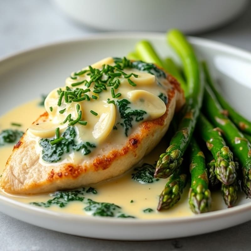 Creamy Spinach Artichoke Chicken with Roasted Asparagus