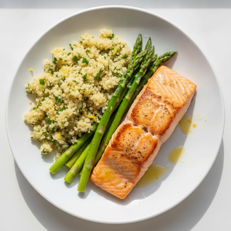 Seared Salmon with Steamed Asparagus and Lemon Quinoa