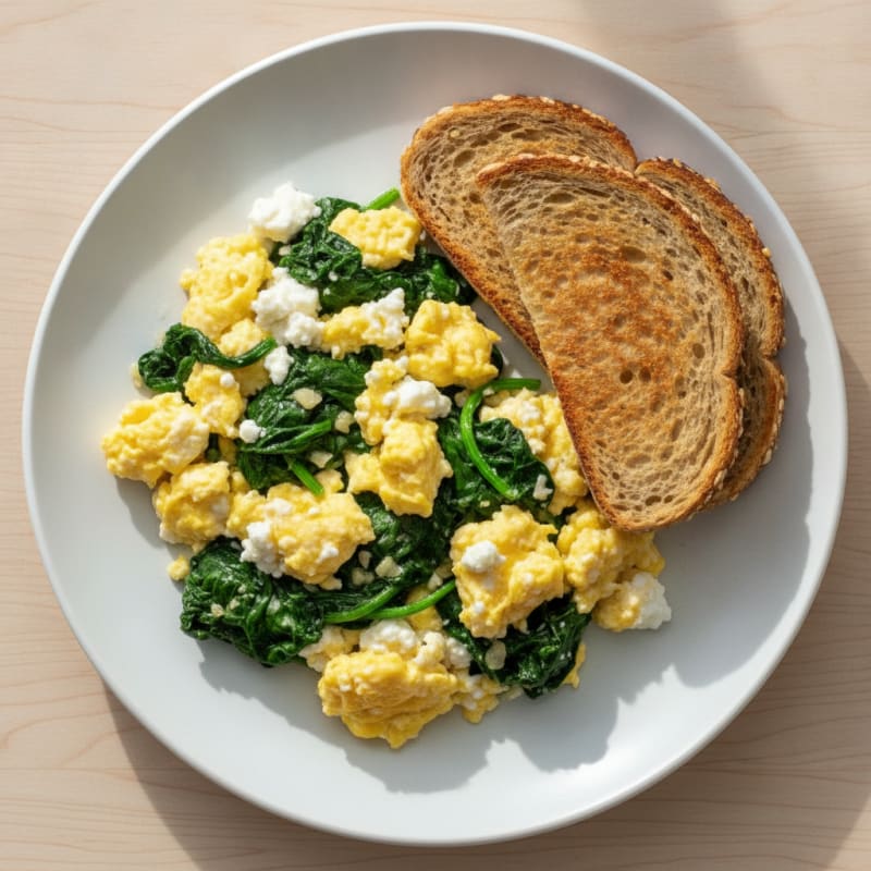 Scrambled Eggs with Cottage Cheese and Sautéed Spinach