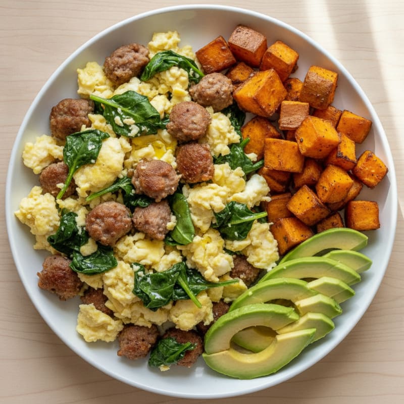 Egg White Scramble with Turkey Sausage and Roasted Sweet Potatoes
