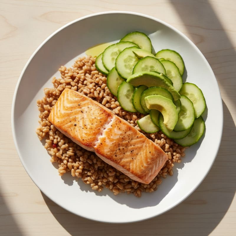 Seared Salmon with Roasted Brown Rice and Cucumber Salad