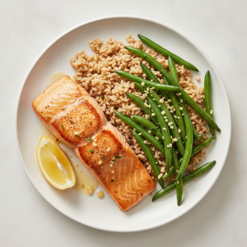 Seared Salmon with Garlic Green Beans and Brown Rice