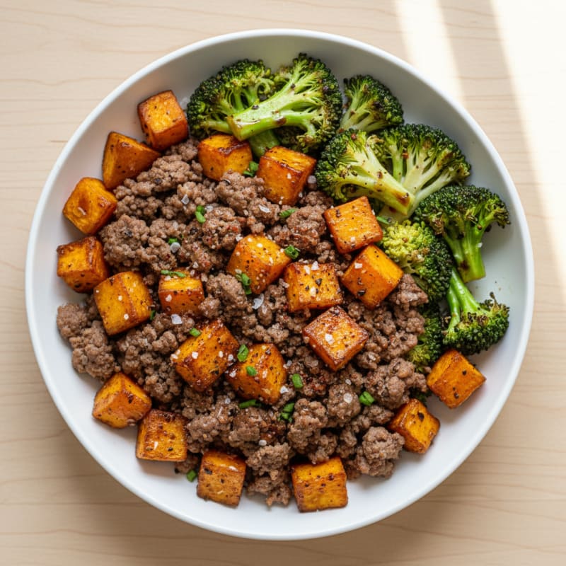 Lean Ground Beef and Roasted Sweet Potato Bowl