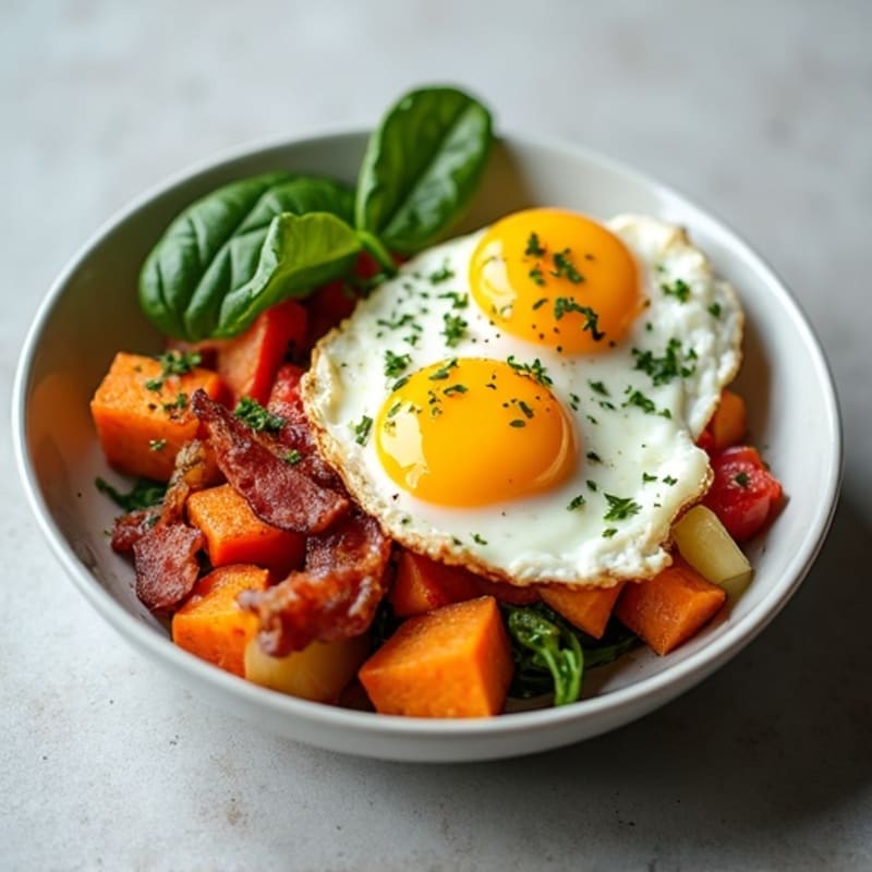 Crispy Turkey Bacon and Sweet Potato Hash with Eggs