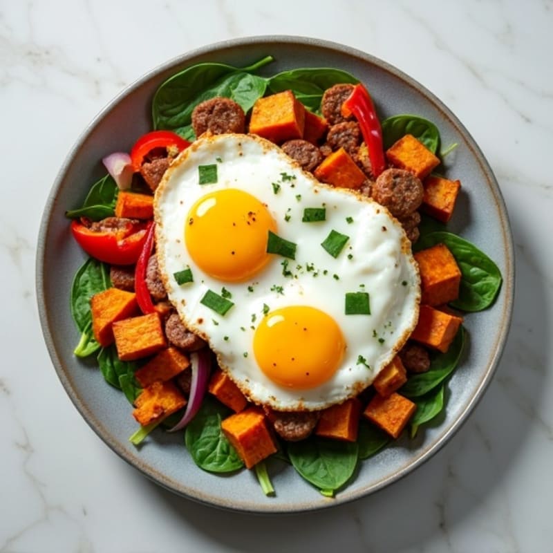 Crispy Sweet Potato and Turkey Sausage Hash with Sunny-Side Up Eggs