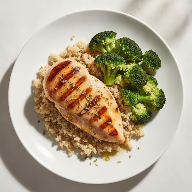 Grilled Lemon Herb Chicken Breast with Quinoa and Steamed Broccoli