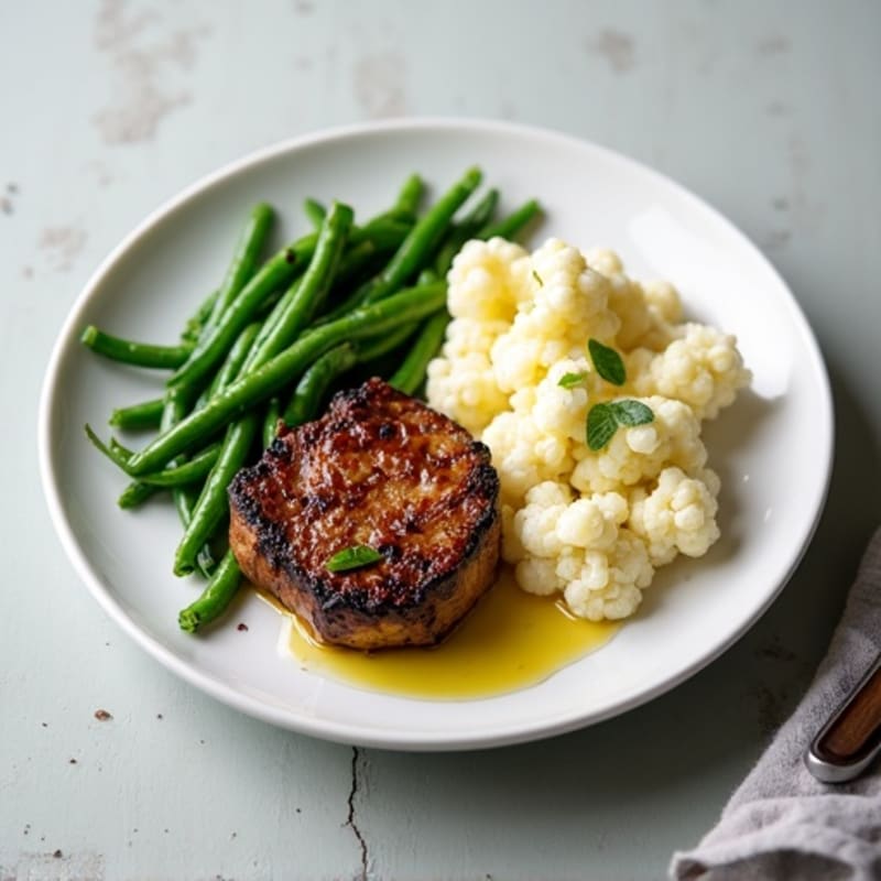 Seared Sirloin Steak with Garlic Green Beans and Mashed Cauliflower
