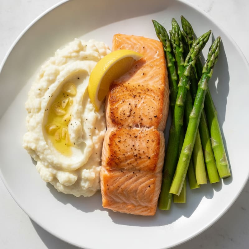 Seared Salmon Fillet with Steamed Asparagus and Garlic Mashed Cauliflower