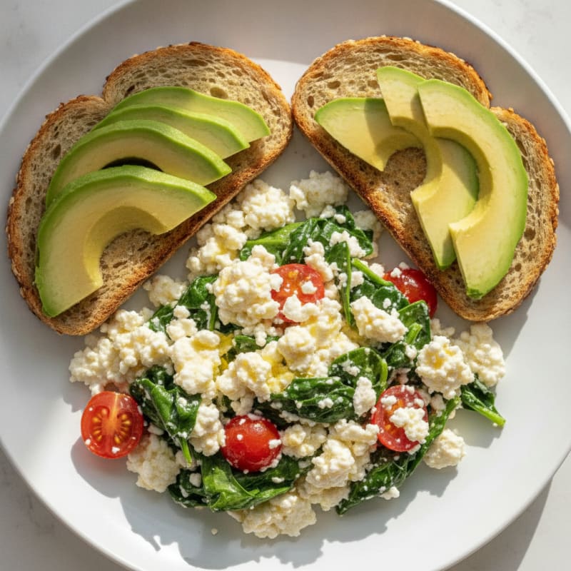 Cottage Cheese and Egg White Scramble with Spinach and Tomatoes