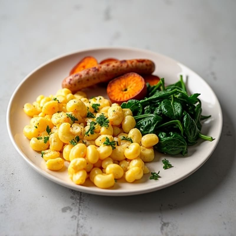 Egg White and Turkey Sausage Scramble with Spinach and Roasted Sweet Potato