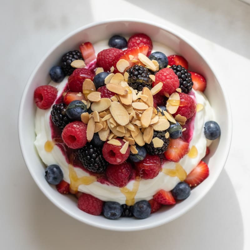 Greek Yogurt Protein Parfait with Mixed Berries and Almonds