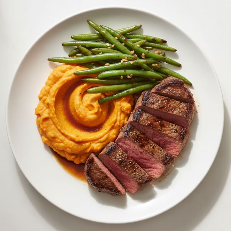 Seared Lean Steak with Garlic Green Beans and Sweet Potato Mash
