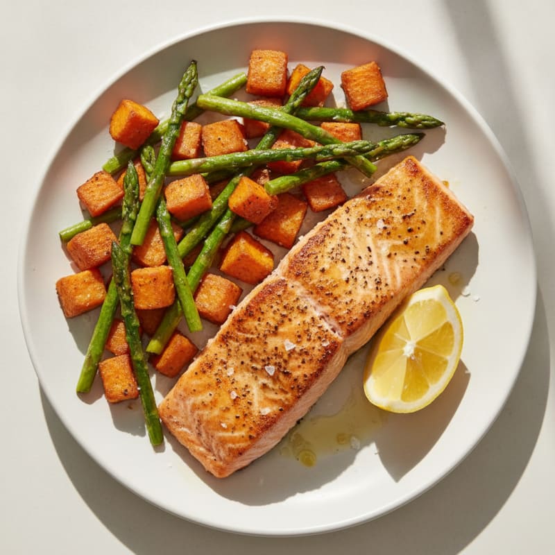 Seared Salmon with Roasted Sweet Potato and Asparagus