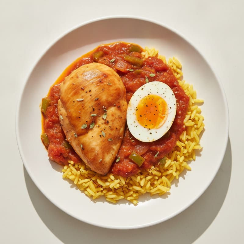 Braised Chicken and Eggs with Saffron Rice
