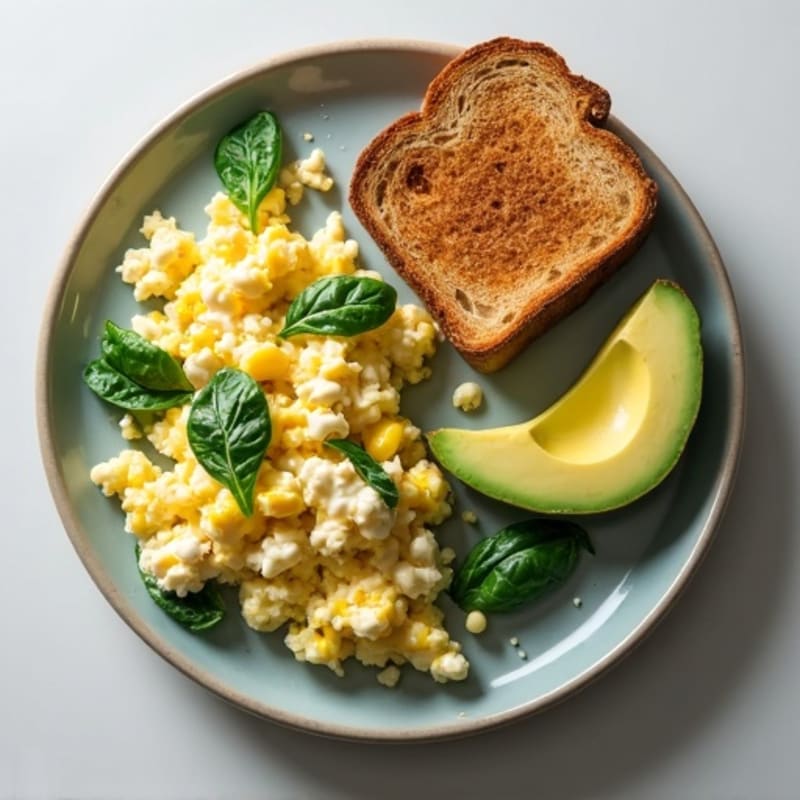 Egg White and Spinach Scramble with Cottage Cheese and Sliced Turkey