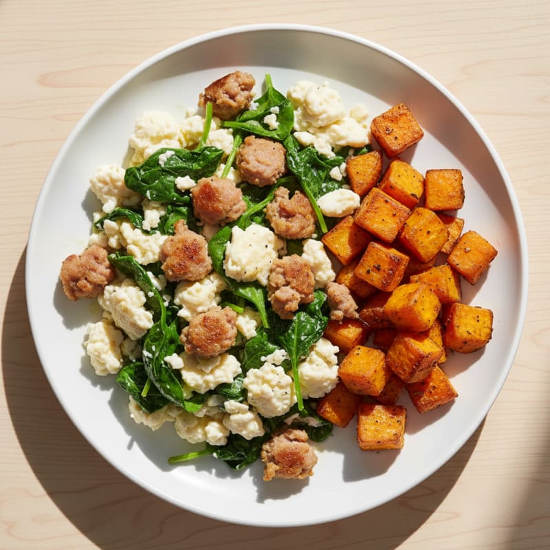Egg White and Turkey Sausage Scramble with Spinach and Roasted Sweet Potato