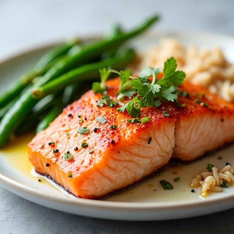 Seared Salmon with Garlic Green Beans and Brown Rice