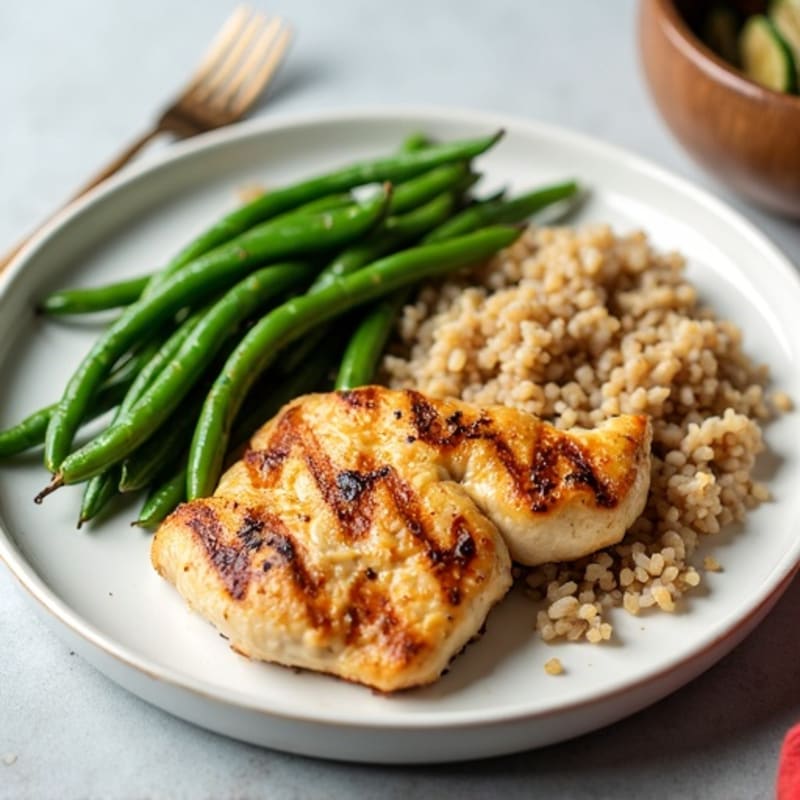 Grilled Chicken Breast with Roasted Green Beans and Brown Rice