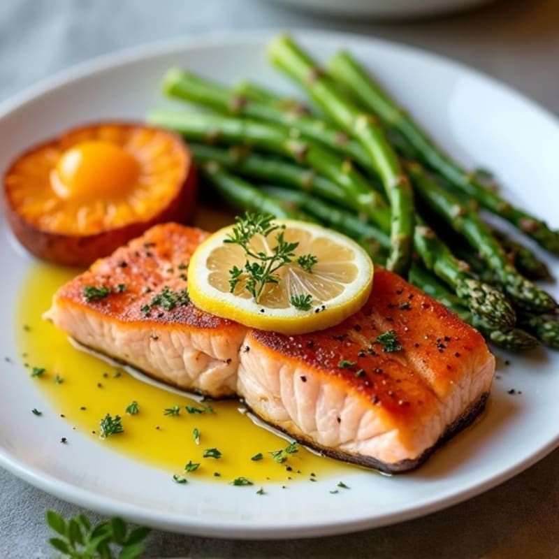 Flaky Baked Salmon with Roasted Asparagus and Sweet Potato