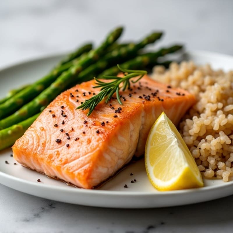 Seared Salmon Fillet with Steamed Asparagus and Brown Rice